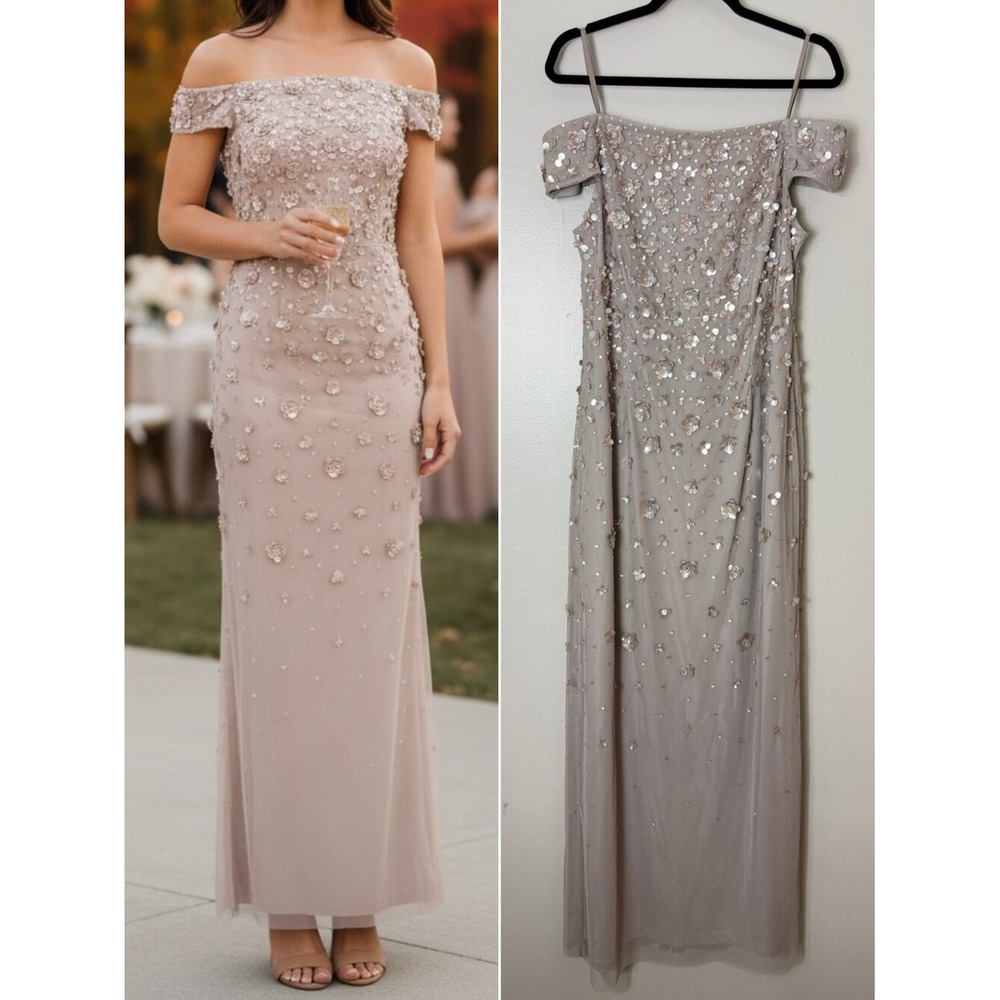 Adrianna Papell Dress 16 Tan Floral Sequin Beaded Mother of the Bride Long Gown